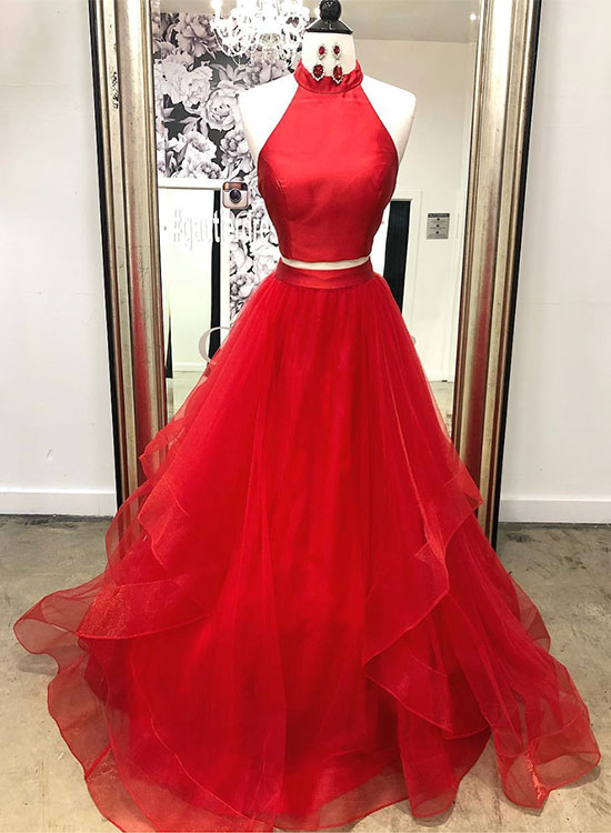 Red Two Pieces Long Prom Dress, Red Evening Dress