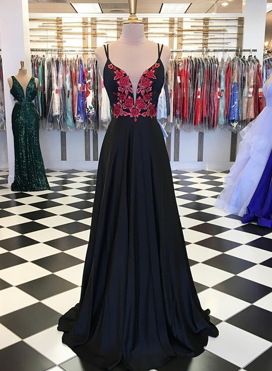 Black V Neck Chiffon Lace Long Prom Dress, Black Evening Dress