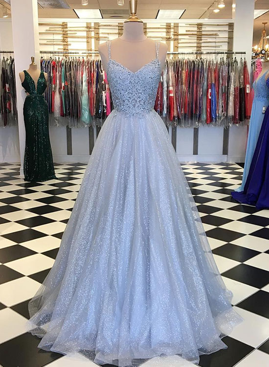 Grey Long V Neck Tulle Lace Long Prom Dress, Evening Dress