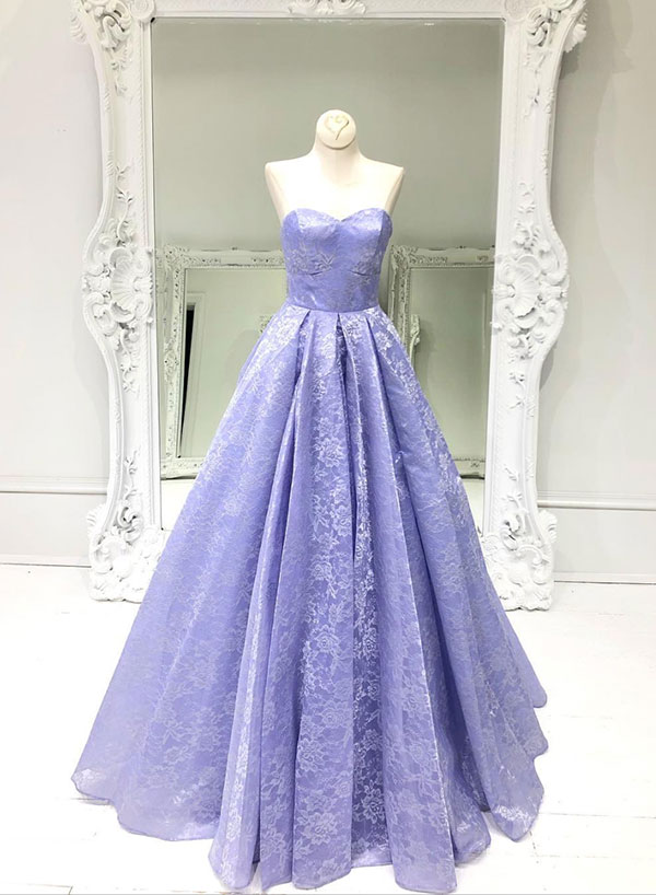 Purple Sweetheart Neck Lace Long Prom Dress, Evening Dress