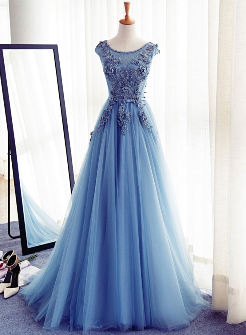 Blue V Neck Tulle Beads Long Prom Dress, Blue Evening Dress