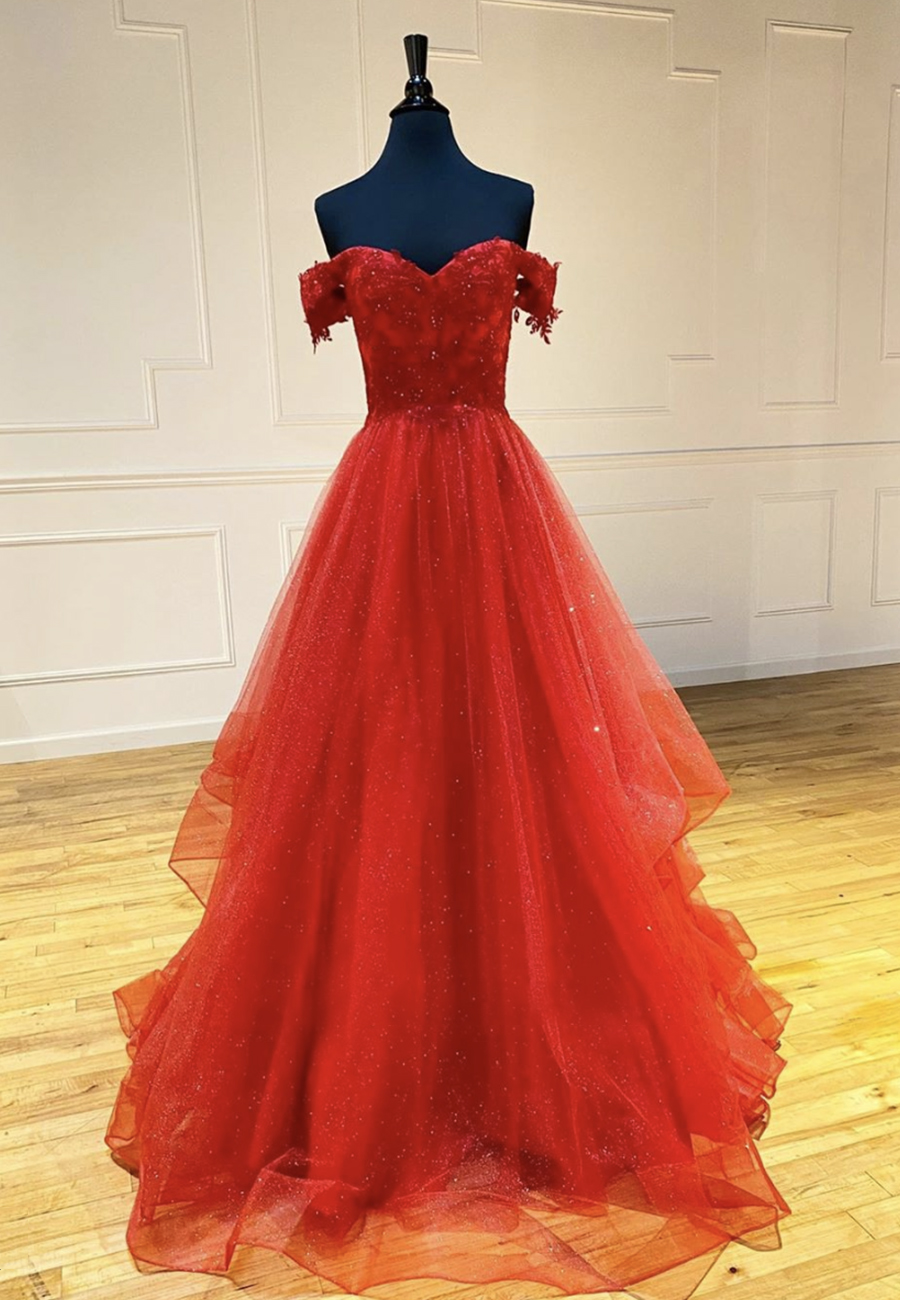 Red Tulle Lace Long Prom Dress Evening Dress