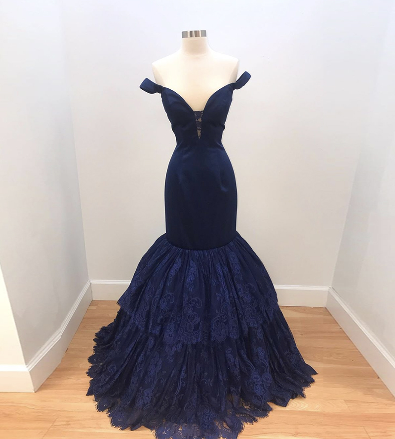 Blue Mermaid Satin Lace Long Prom Dress Evening Dress