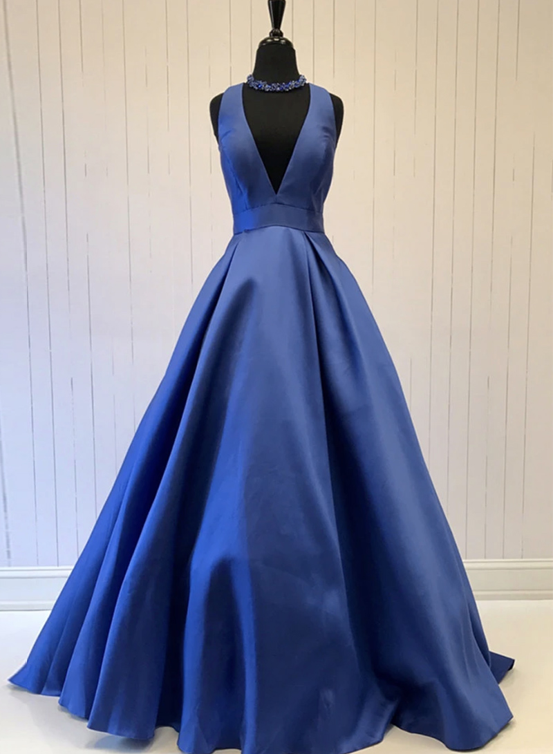 Blue V Neck Satin Long Prom Dress Evening Dress