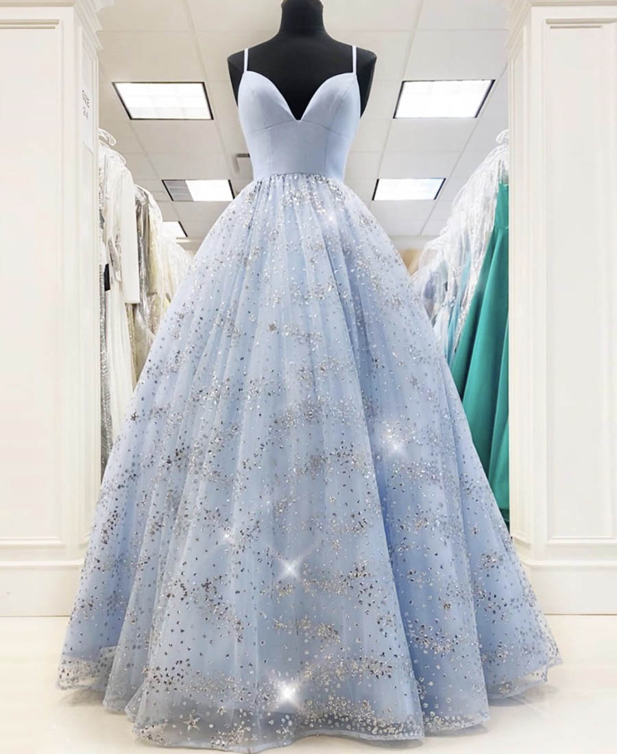 Blue Tulle Sequins Long Prom Dress Formal Dress