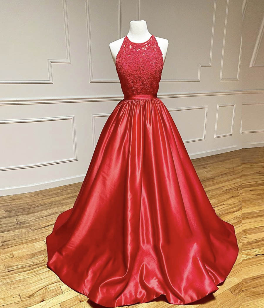 Red Satin Lace Long Prom Dress Evening Dress
