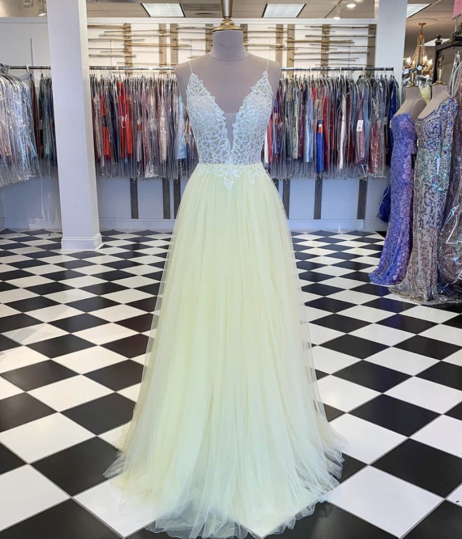 Yellow Tulle Sequins Long Prom Dress Formal Dress