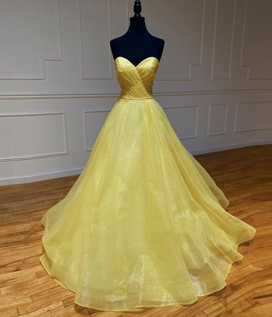 Yellow Tulle Sequins Long Prom Dress Evening Dress