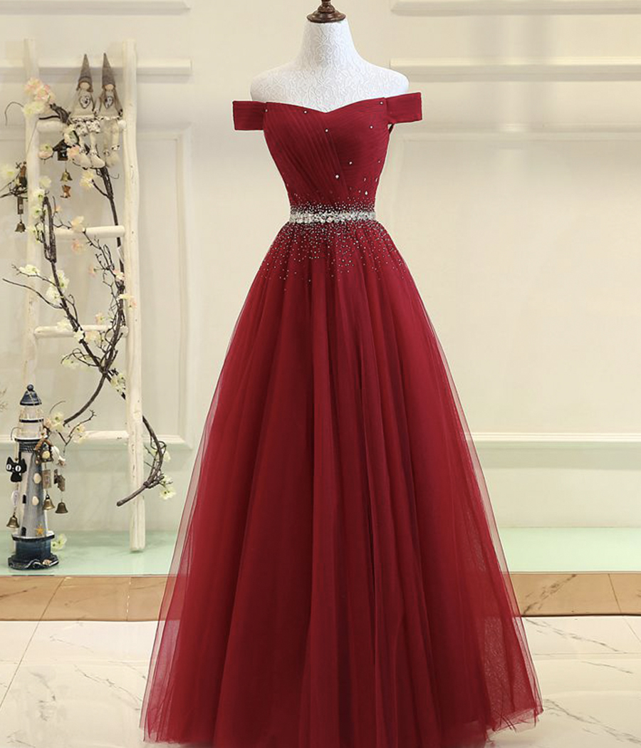 Burgundy Tulle Long Prom Gown Evening Dress