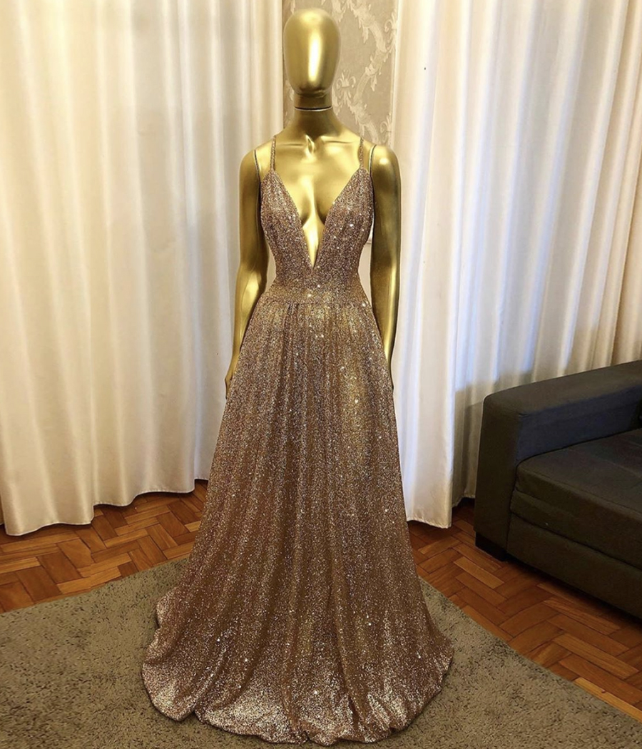 Gold V Neck Sequins Long Prom Dress Evening Dress
