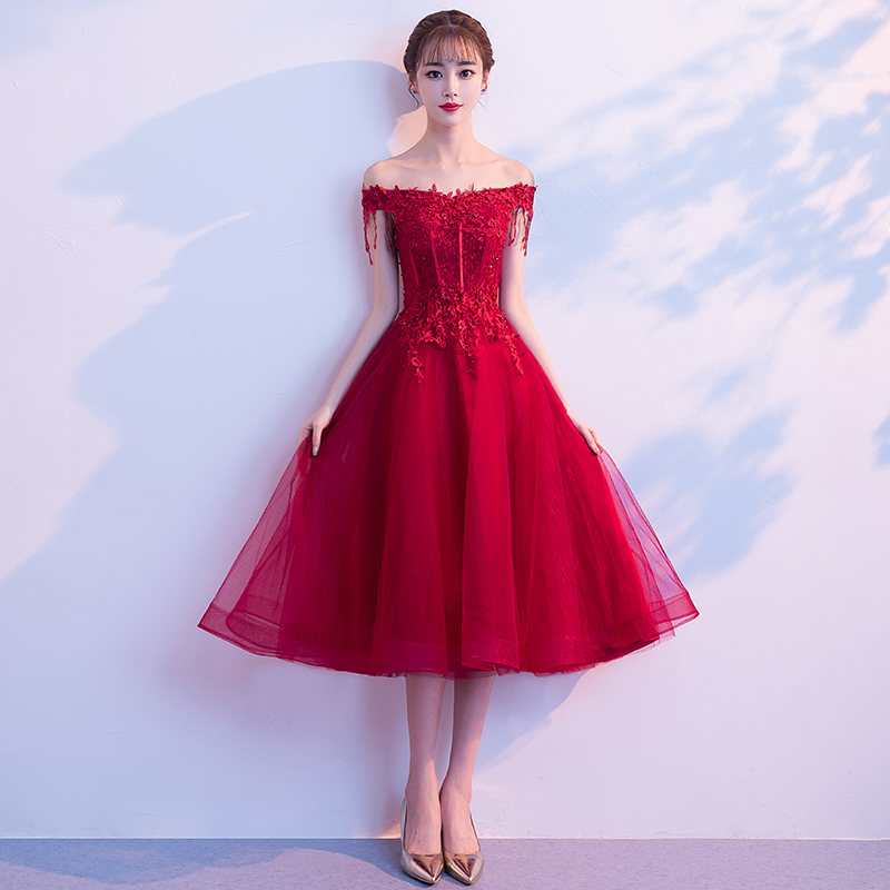 Burgundy Lace Short Prom Dress Evening Dress