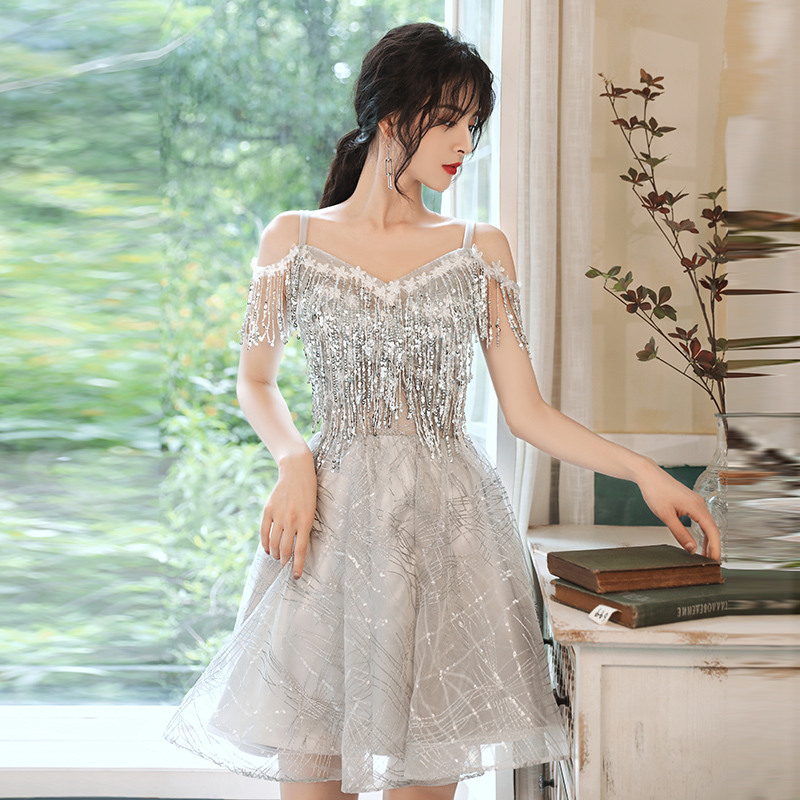 Gray Tulle Sequins Short Prom Dress Homecoming Dress