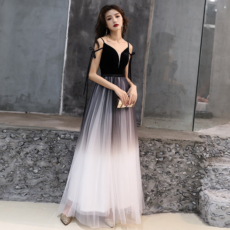 Black Velvet Tulle Long Prom Dress Evening Dress