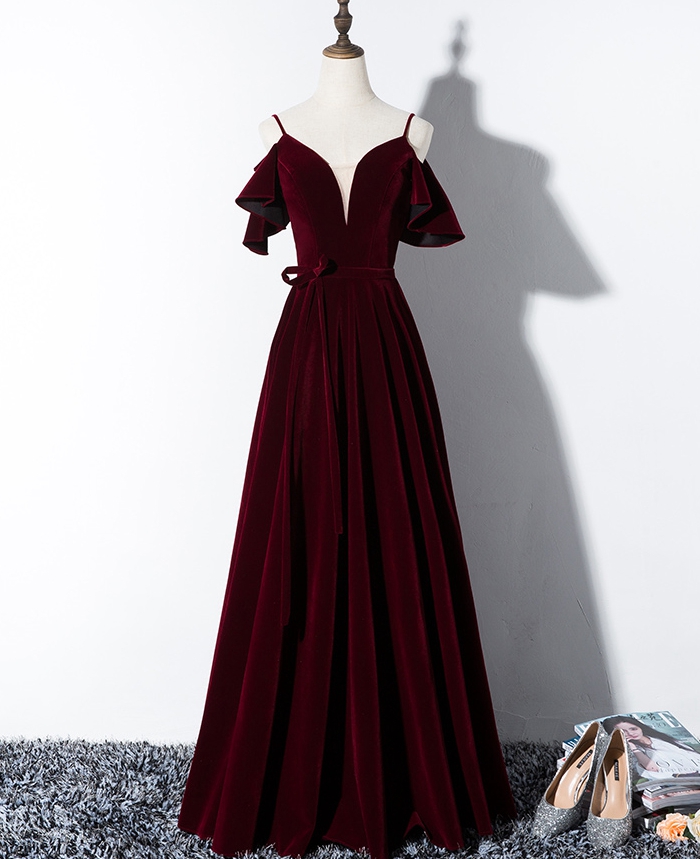 Burgundy Velvet Prom Formal Gown, Party Dresses