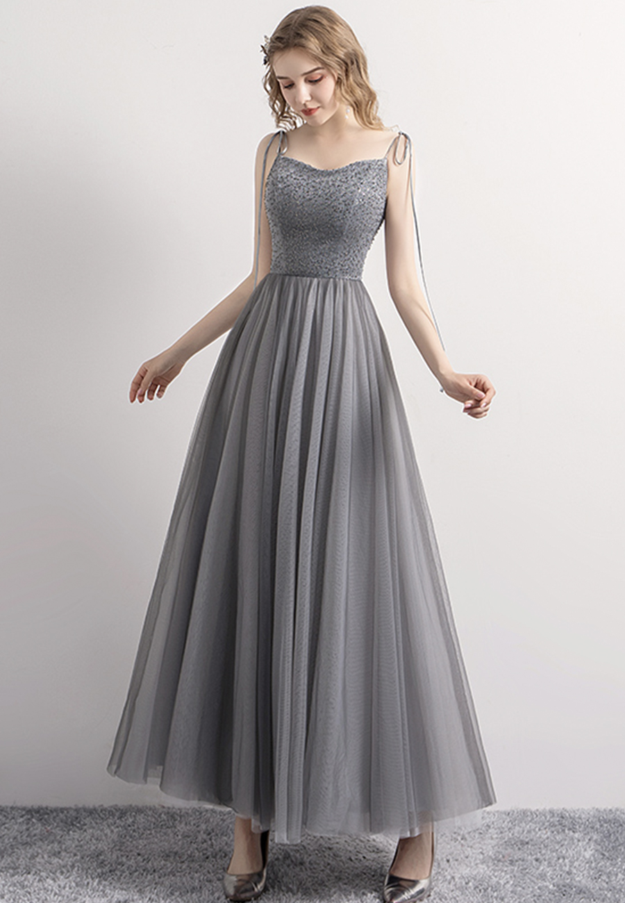 Gray Tulle Sequins Tea Length Prom Dress Evening Dress