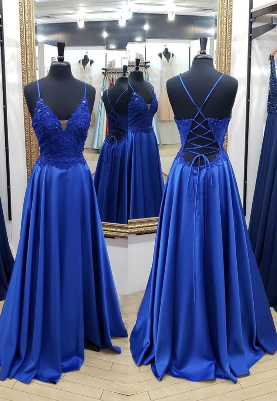 Blue V Neck Satin Lace Prom Dress Evening Dress