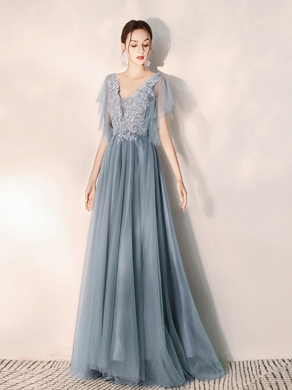 Blue V Neck Tulle Lace Long Prom Dress Formal Dress