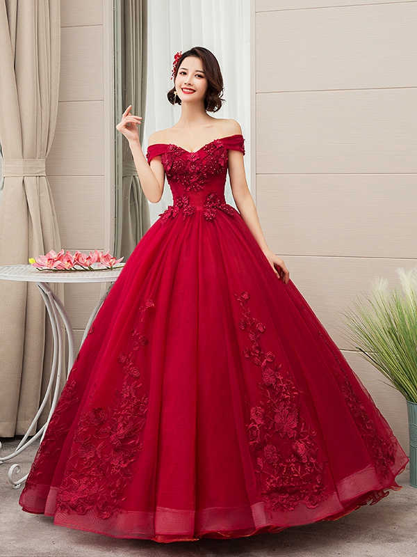 Burgundy Tulle Lace Long Ball Gown Dress Formal Dress