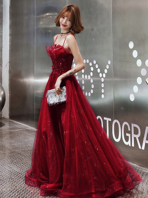 Burgundy Lace Sequins Long Prom Dress Evening Dress