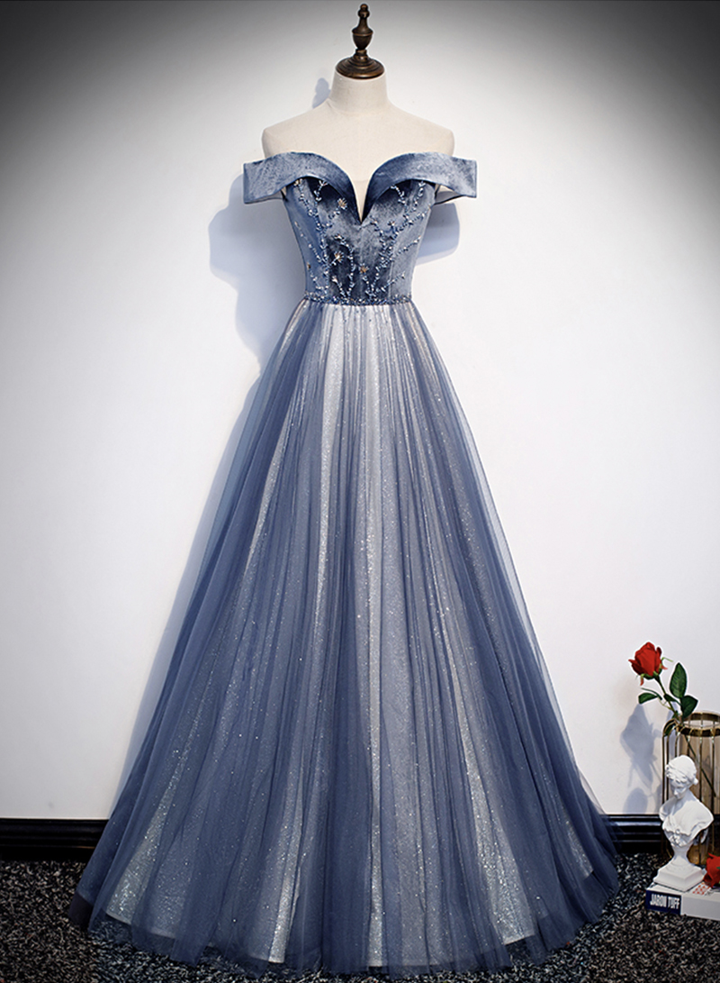 Blue Velvet Tulle Long Prom Dress Evening Dress