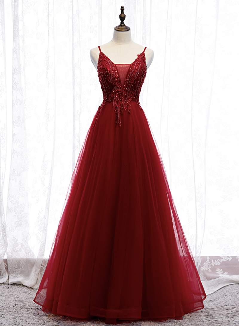 Burgundy V Neck Tulle Lace Prom Dress Evening Dress