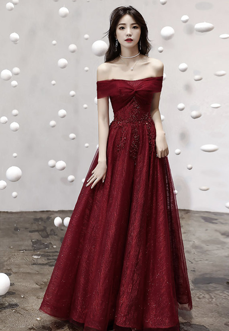 Burgundy Tulle Sequins Long Prom Dress Evening Dress