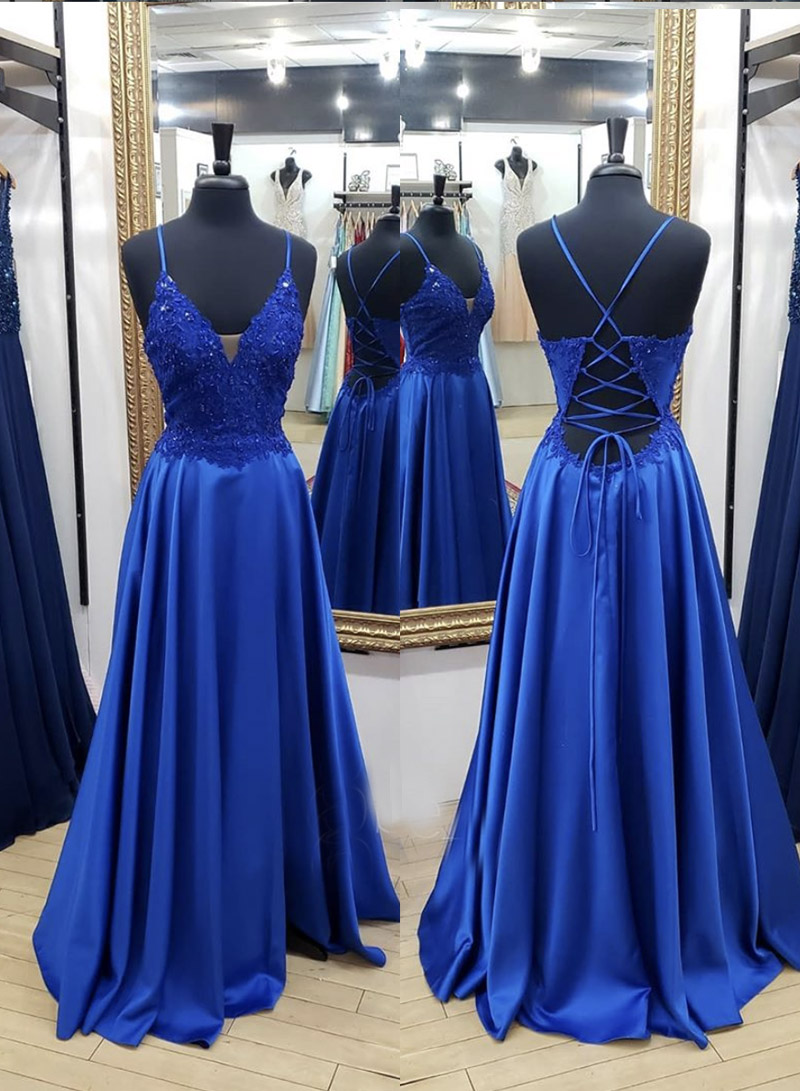 Blue Satin Lace Long Prom Dress Evening Dress