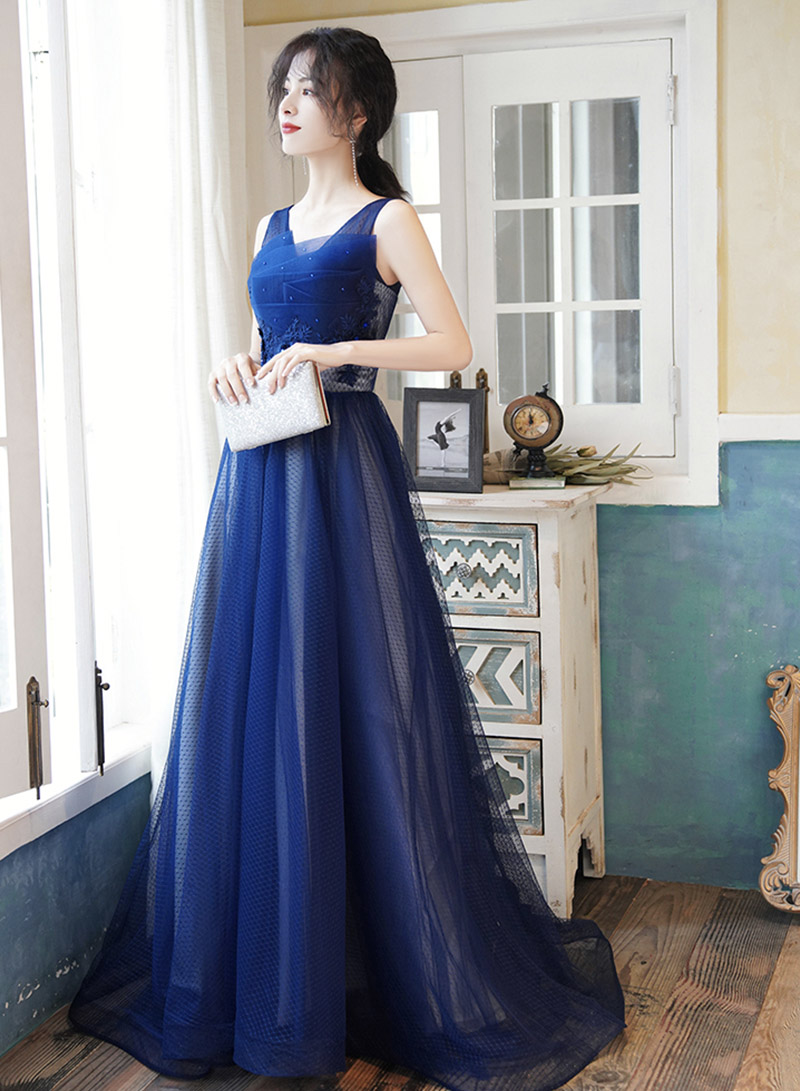 Unique high neck tulle lace long prom dress blue tulle lace evening dress,DS2380 main image 1