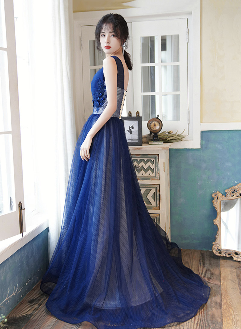 Light blue round neck lace tulle long prom dress blue evening dress   cg17612