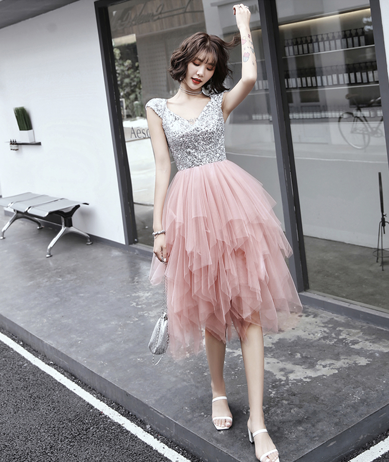 Pink A Line Irregular Tulle Prom Dress Evening Dress