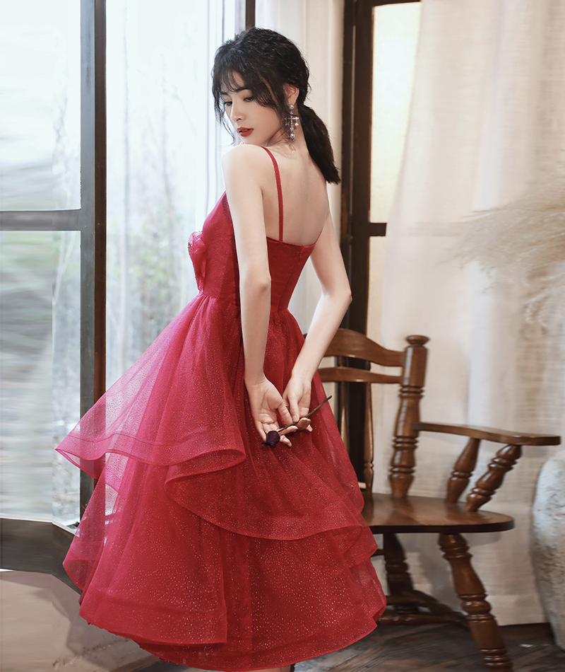 Burgundy Tulle Sequins Square Short Sleeve Evening Prom Dress