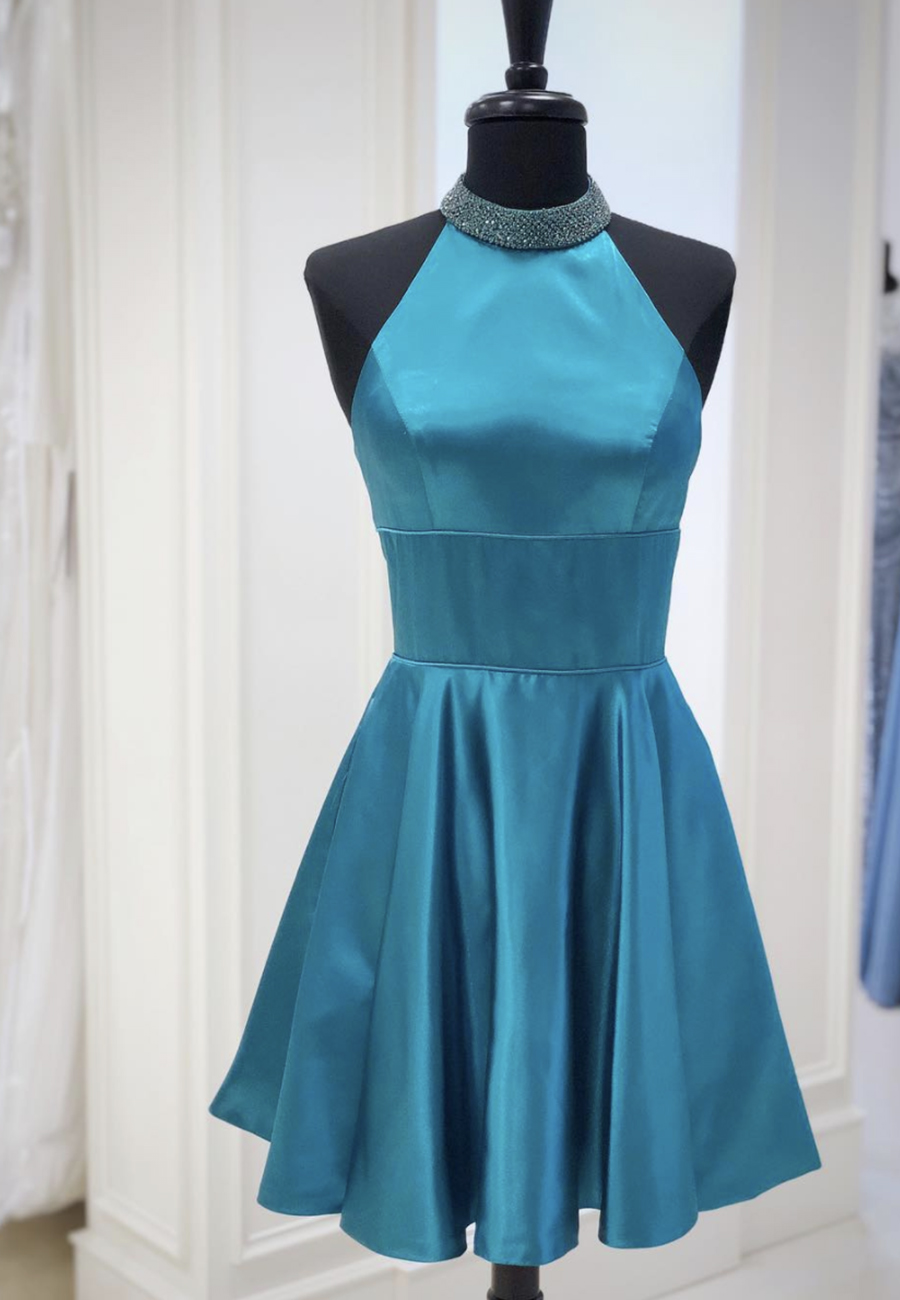 Blue Satin Beaded Short Prom Dress Homecoming Dress