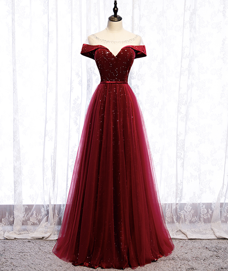Burgundy Velvet Tulle Long Prom Dress Evening Dress