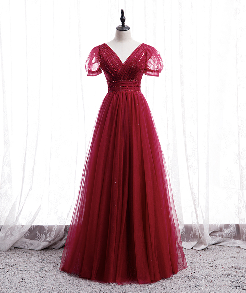 Burgundy V Neck Tulle Sequins Long Prom Dress Evening Dress