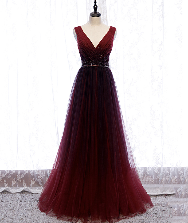 Burgundy V Neck Gradient Color Prom Dress Simple Evening Dress