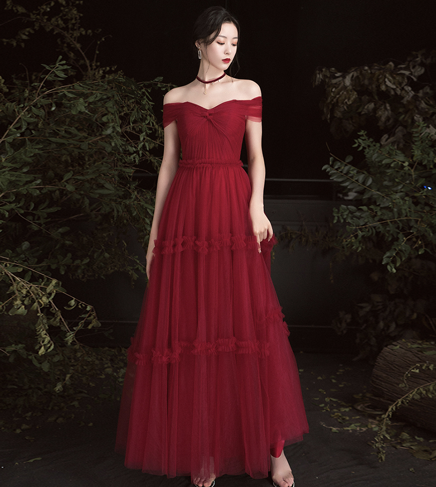 Burgundy Tulle Long Prom Dress Evening Dress
