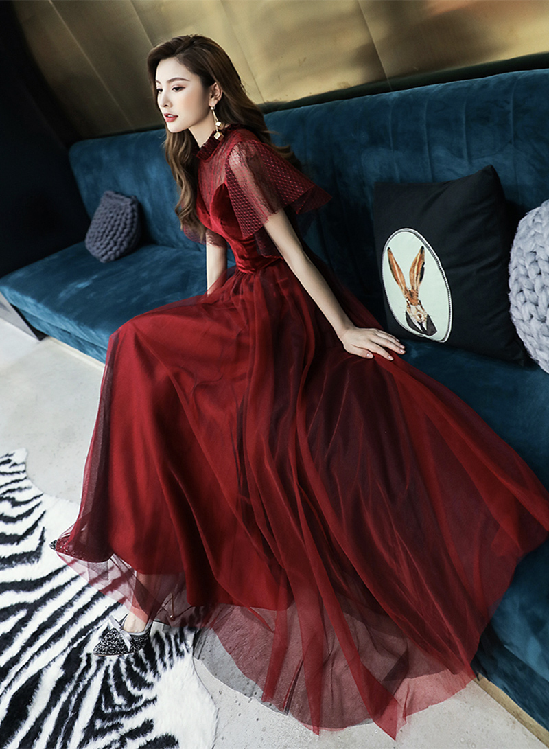 Gray Tulle Velvet Beading Evening Prom Dress main image 1