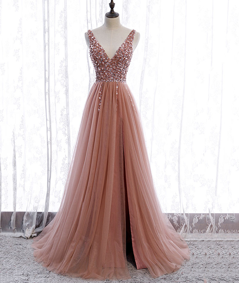 Pink V Neck Tulle Beads Prom Dress A Line Evening Dress