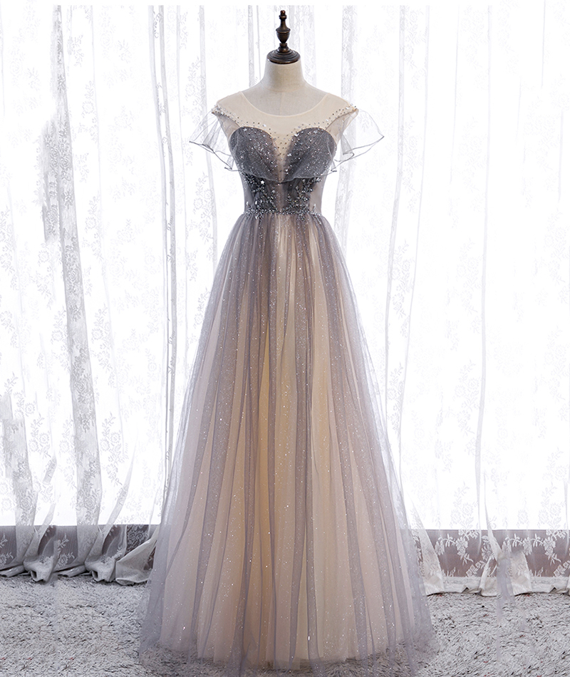 Gray Tulle Sequins Long Prom Dress Evening Dress