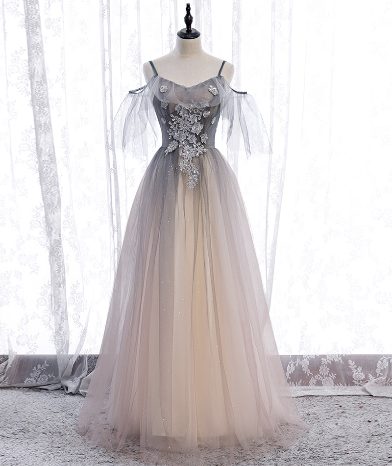 Gray A Line Tulle Appliqué Long Prom Dress Evening Dress