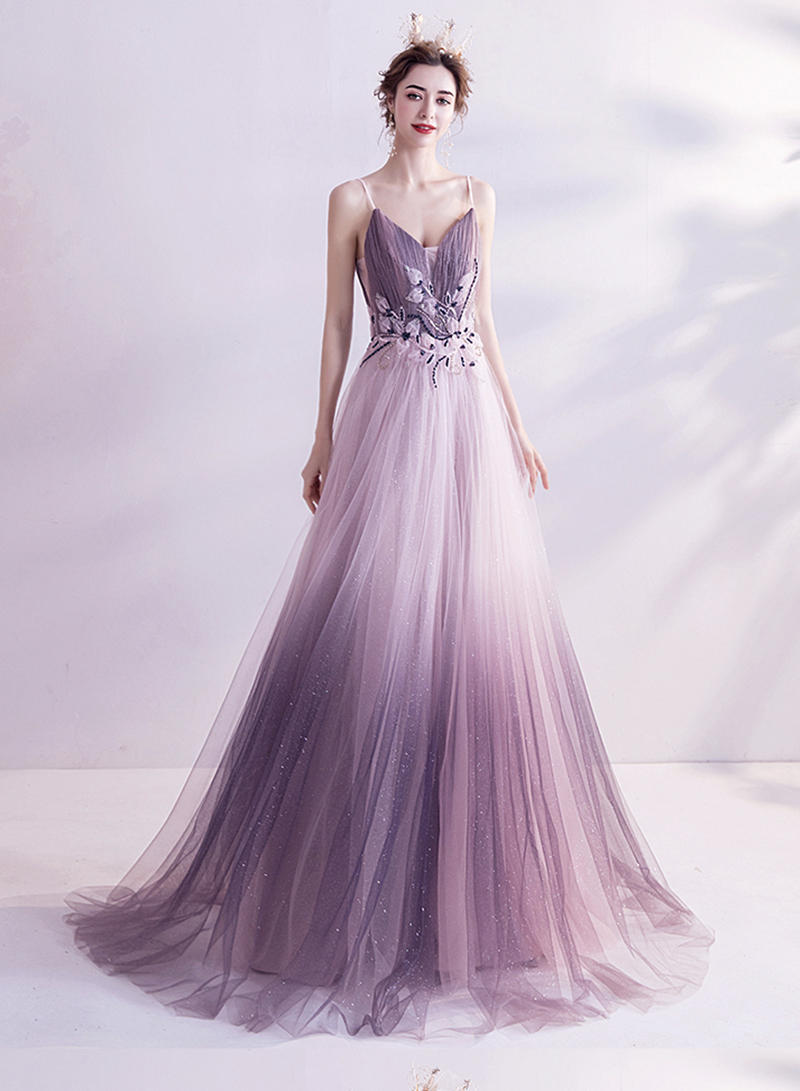 Purple V Neck Tulle Long Ball Gown Dress Formal Dress
