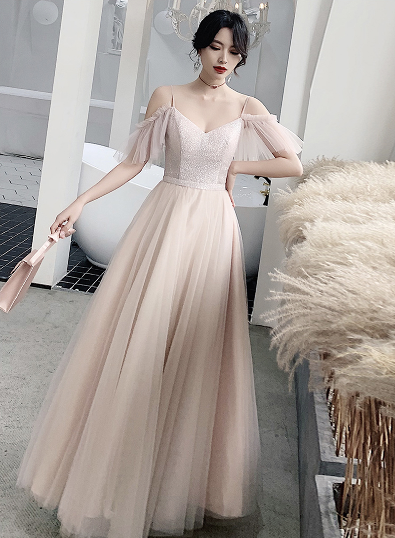 Bridesmaid Dress Pink Tulle Sequins Long Prom Dress Party Dress