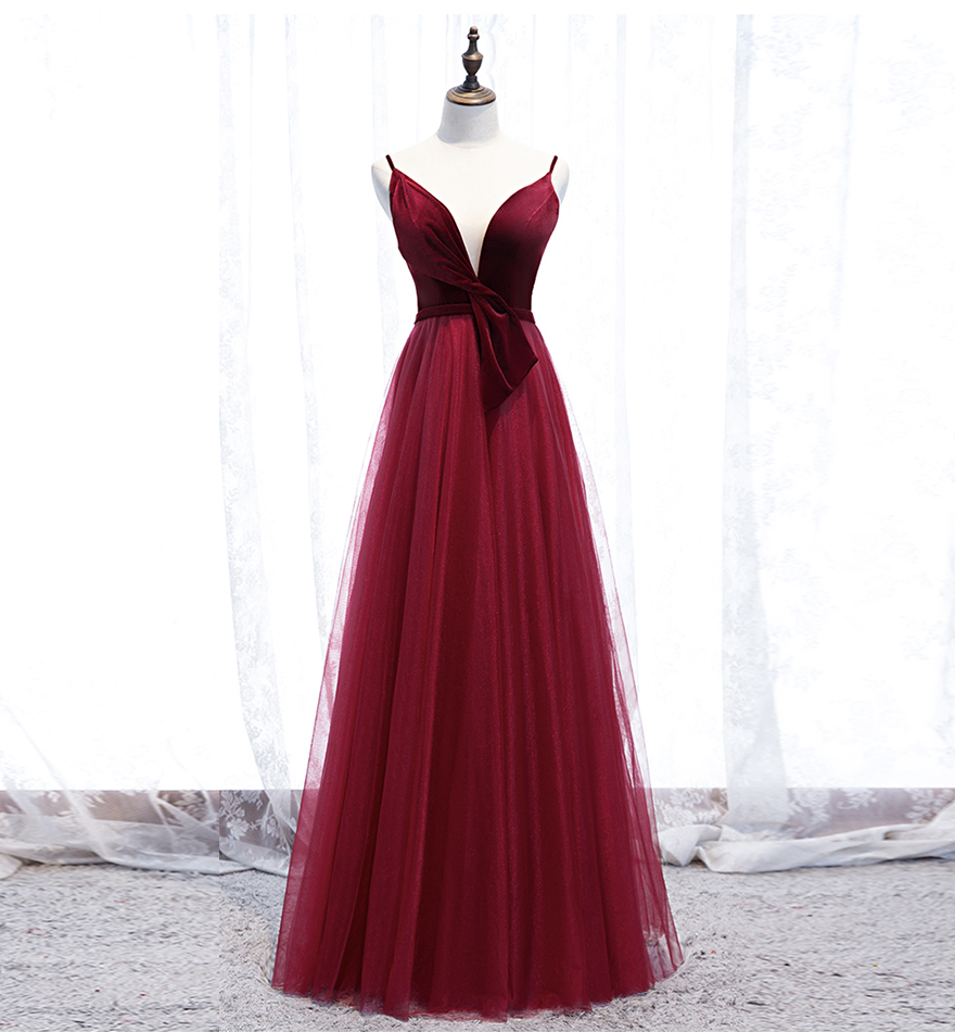 Burgundy Velvet Tulle Prom Dress A Line V Neck Evening Dress
