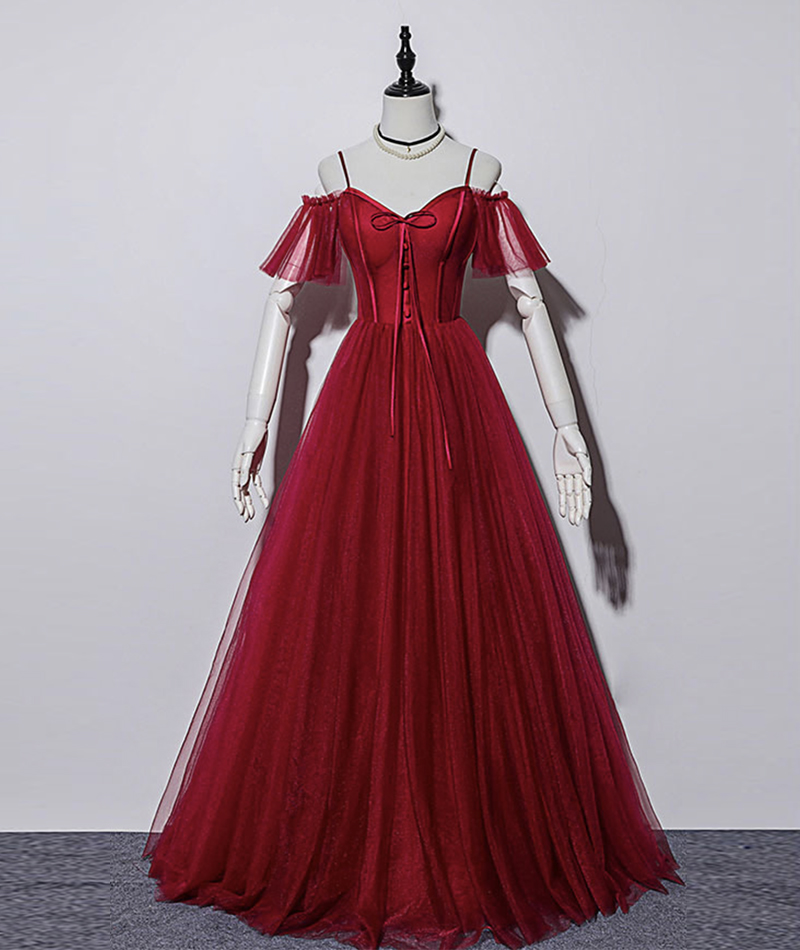 Elegant Tulle Long Prom Dress Burgundy Evening Dress