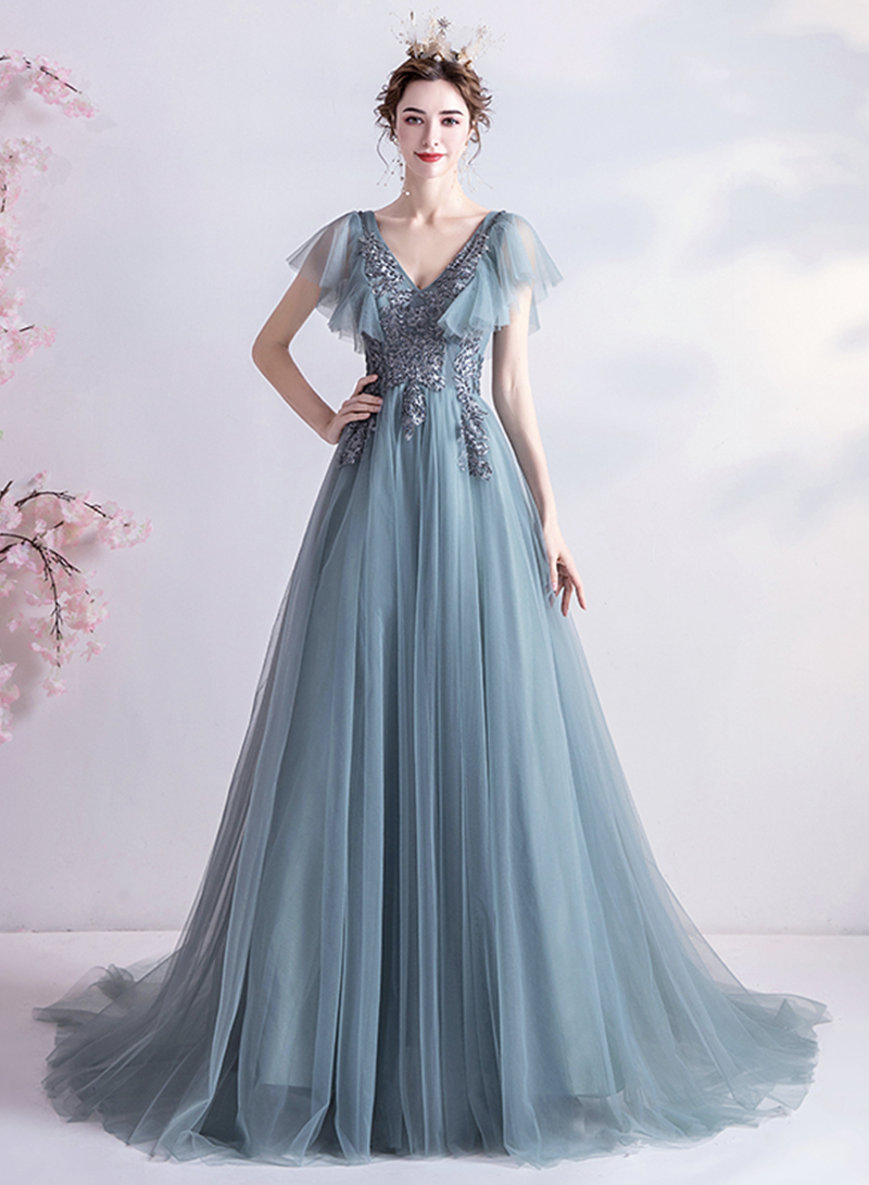 Blue V Neck Tulle Lace Ball Gown Dress Formal Dress