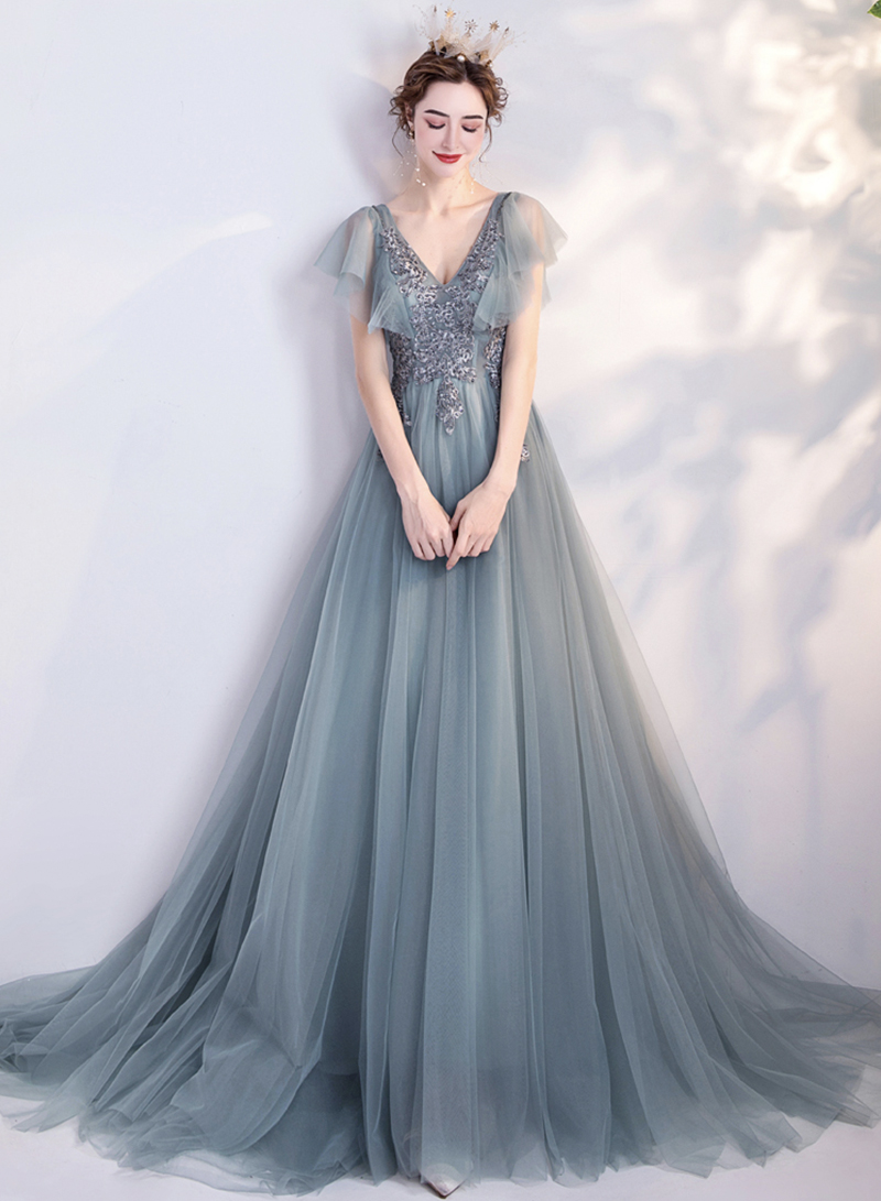 Blue V Neck Tulle Lace Ball Gown Dress Formal Dress on Luulla