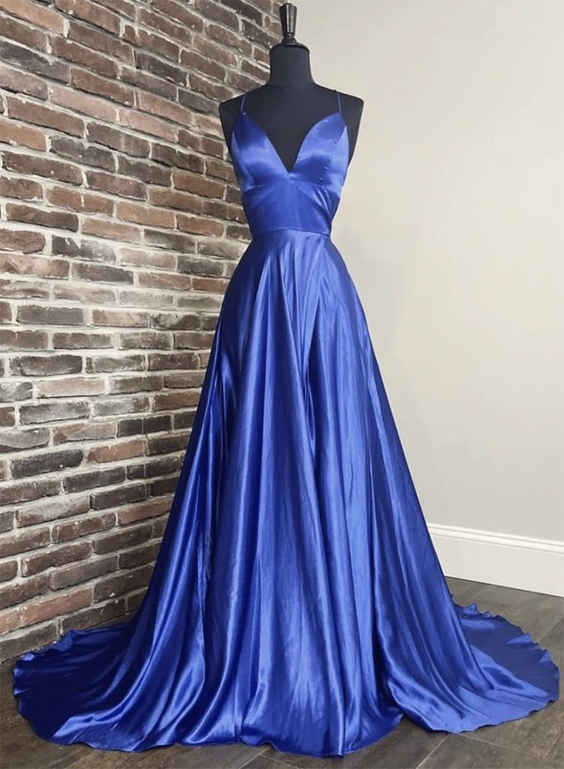 Blue Satin Long Prom Dress A Line V Neck Evening Dress