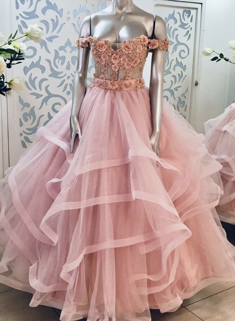 Pink Lace Applique Long Ball Gown Dress Sweet 16 Dress