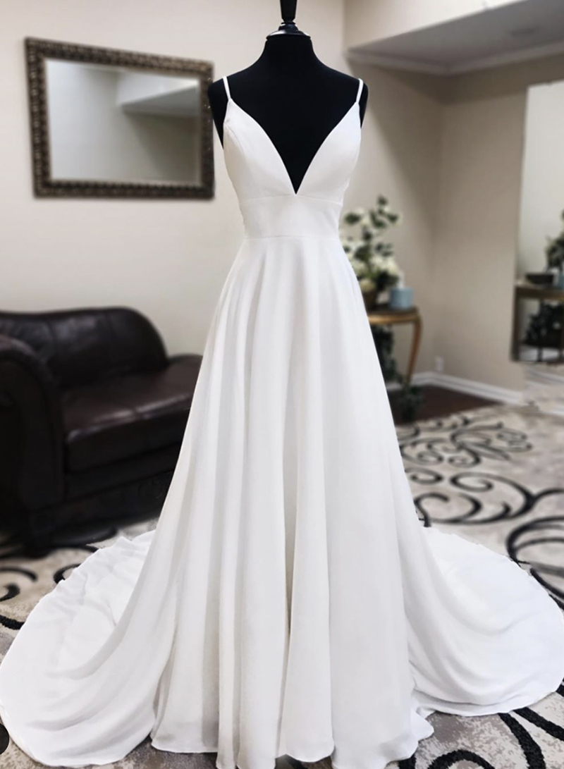 White V Neck Long Prom Dress With Lace White Evening Dress