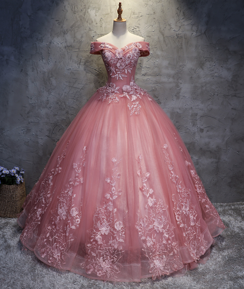 Pink Lace Appliqu Long Ball Gown Dress Sweet 16 Dress
